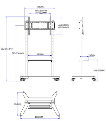 Chân đế di chuyển điều chỉnh được cho Bảng trắng tương tác TV 55/75/86 inch Bánh xe không gây tiếng ồn