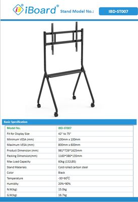 Chân đế bảng trắng tương tác mới đến Di động 42 đến 75 inch TV Monitor Nâng di động Tối đa 60KGS Bánh xe mạnh mẽ Dễ dàng di chuyển cho chân đế di động bảng trắng tương tác